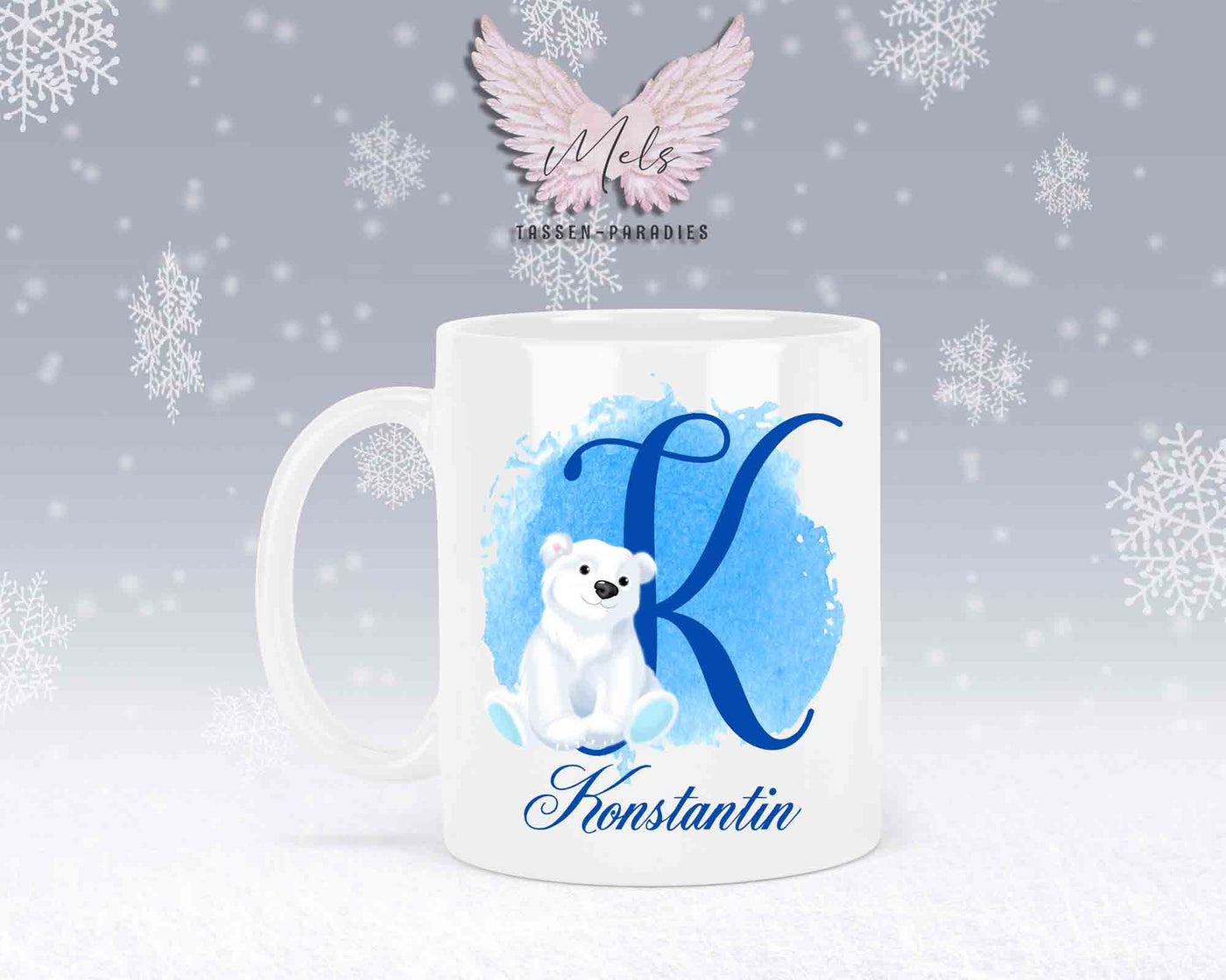Eisbär Weiß-Alphabet mit Name - Personalisierte Keramik-Tasse Weiß