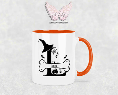 Halloween-Alphabet mit Name - Personalisierte Keramik-Tasse Orange
