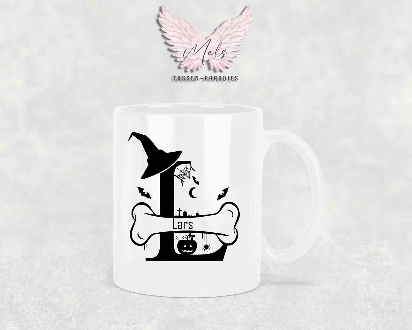 Halloween-Alphabet mit Name - Personalisierte Keramik-Tasse Weiß