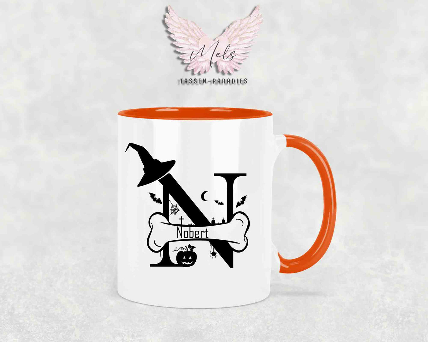 Halloween-Alphabet mit Name - Personalisierte Keramik-Tasse Orange