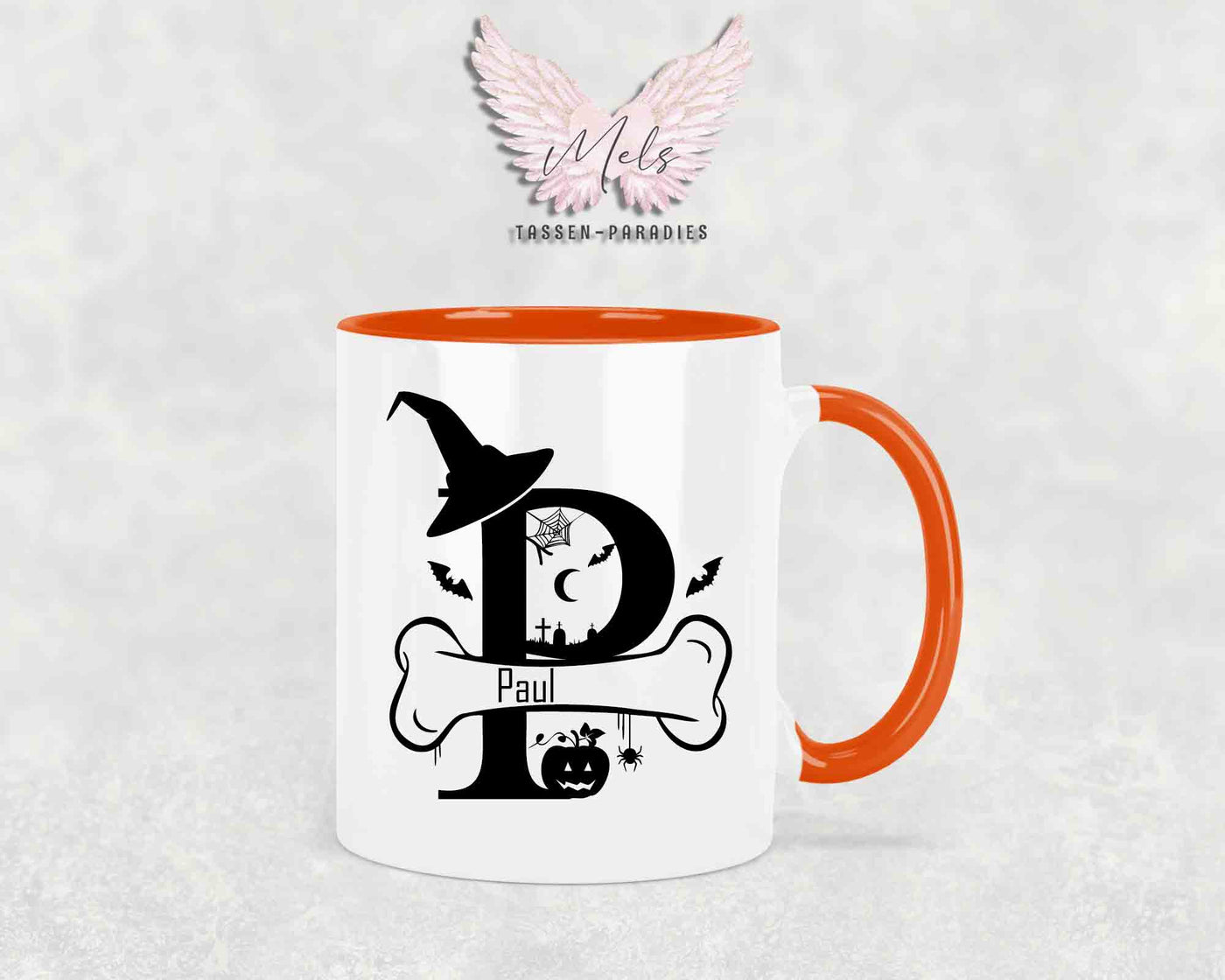 Halloween-Alphabet mit Name - Personalisierte Keramik-Tasse Orange