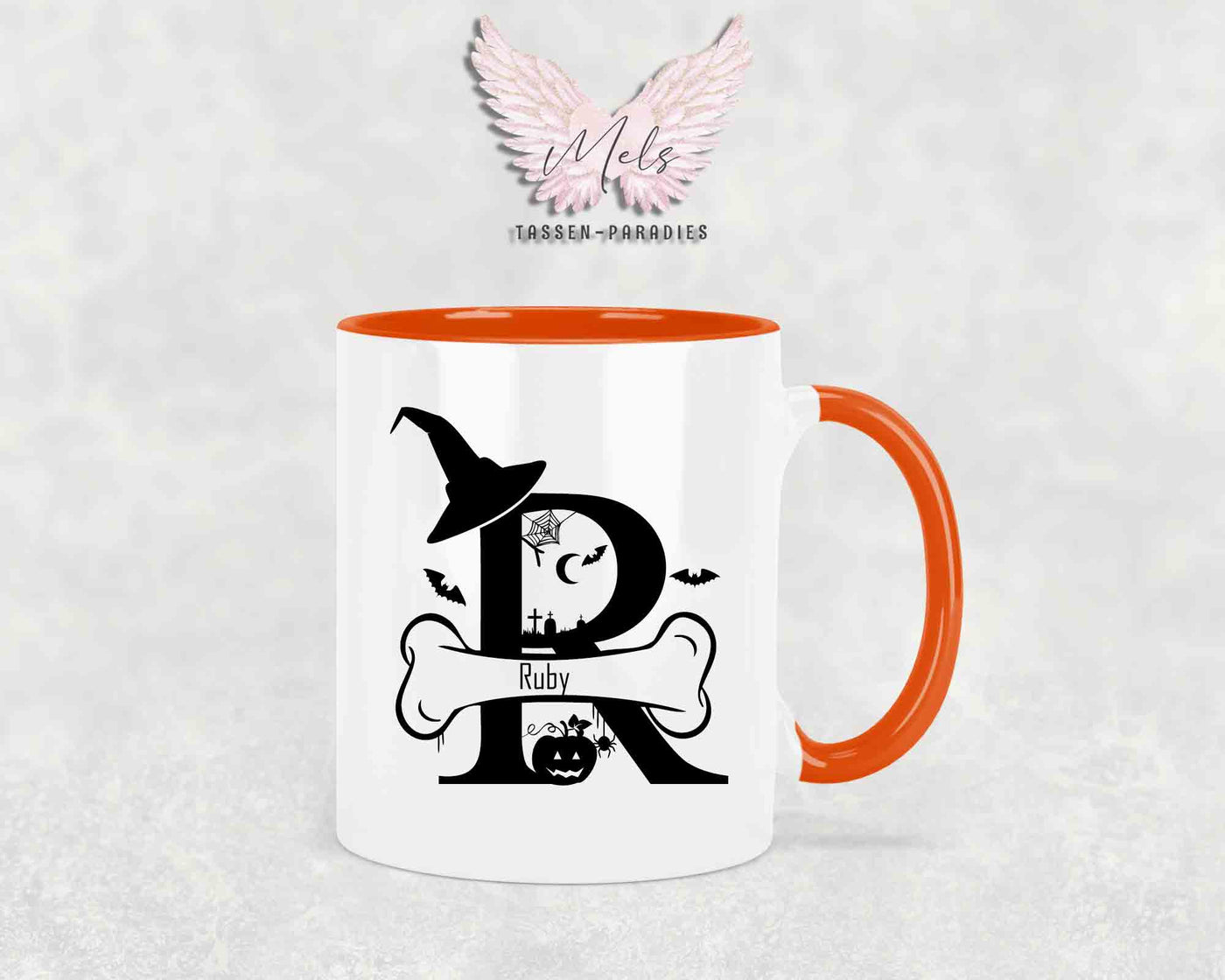 Halloween-Alphabet mit Name - Personalisierte Keramik-Tasse Orange