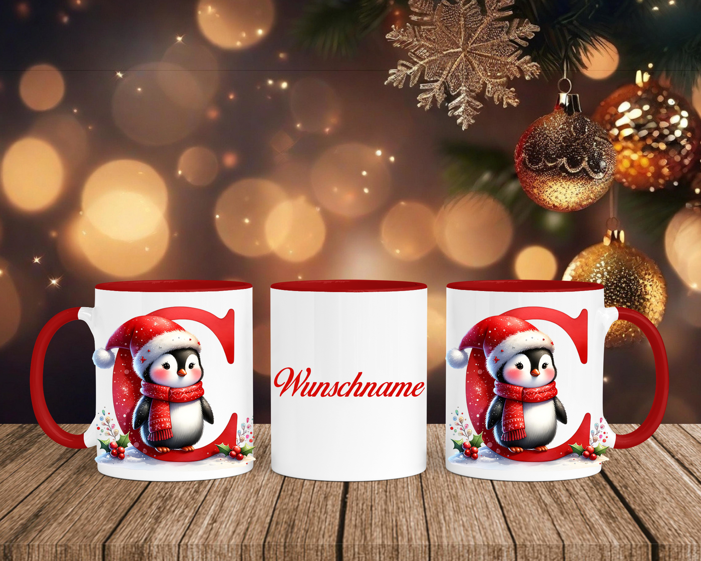 Personalisierte Keramik-Tasse in Rot-mit Pinguin Rot-Alphabet & Namen