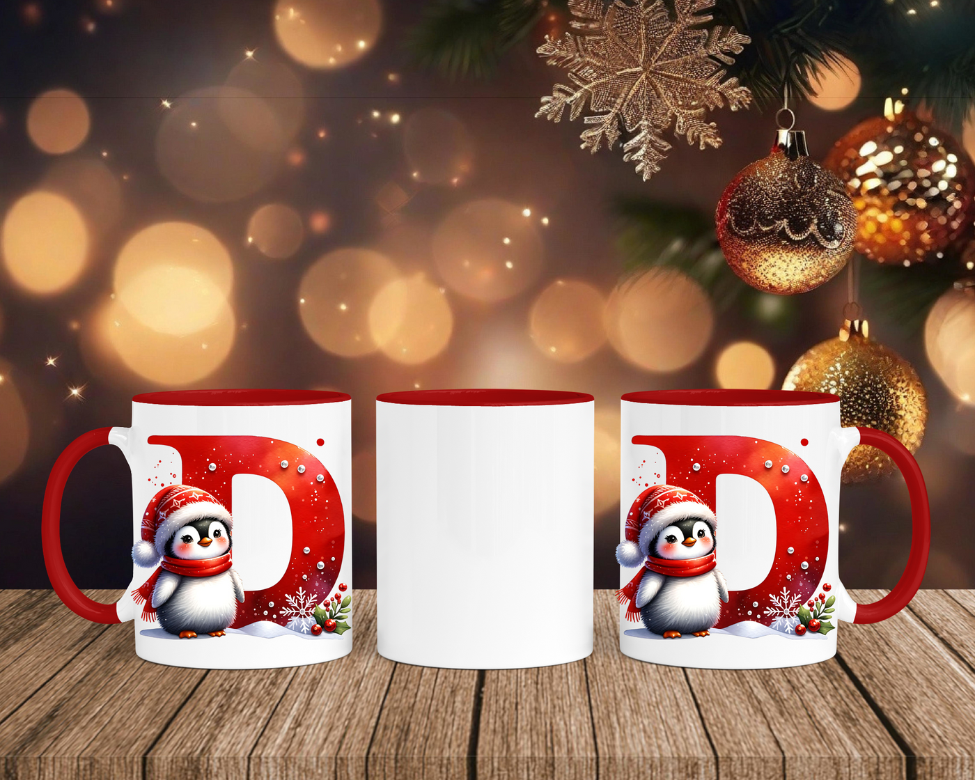 Personalisierte Keramik-Tasse in Rot-mit Pinguin Rot-Alphabet & Namen