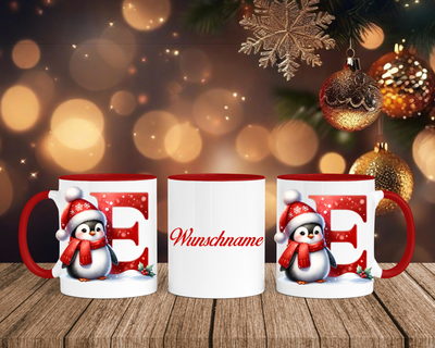 Personalisierte Keramik-Tasse in Rot-mit Pinguin Rot-Alphabet & Namen