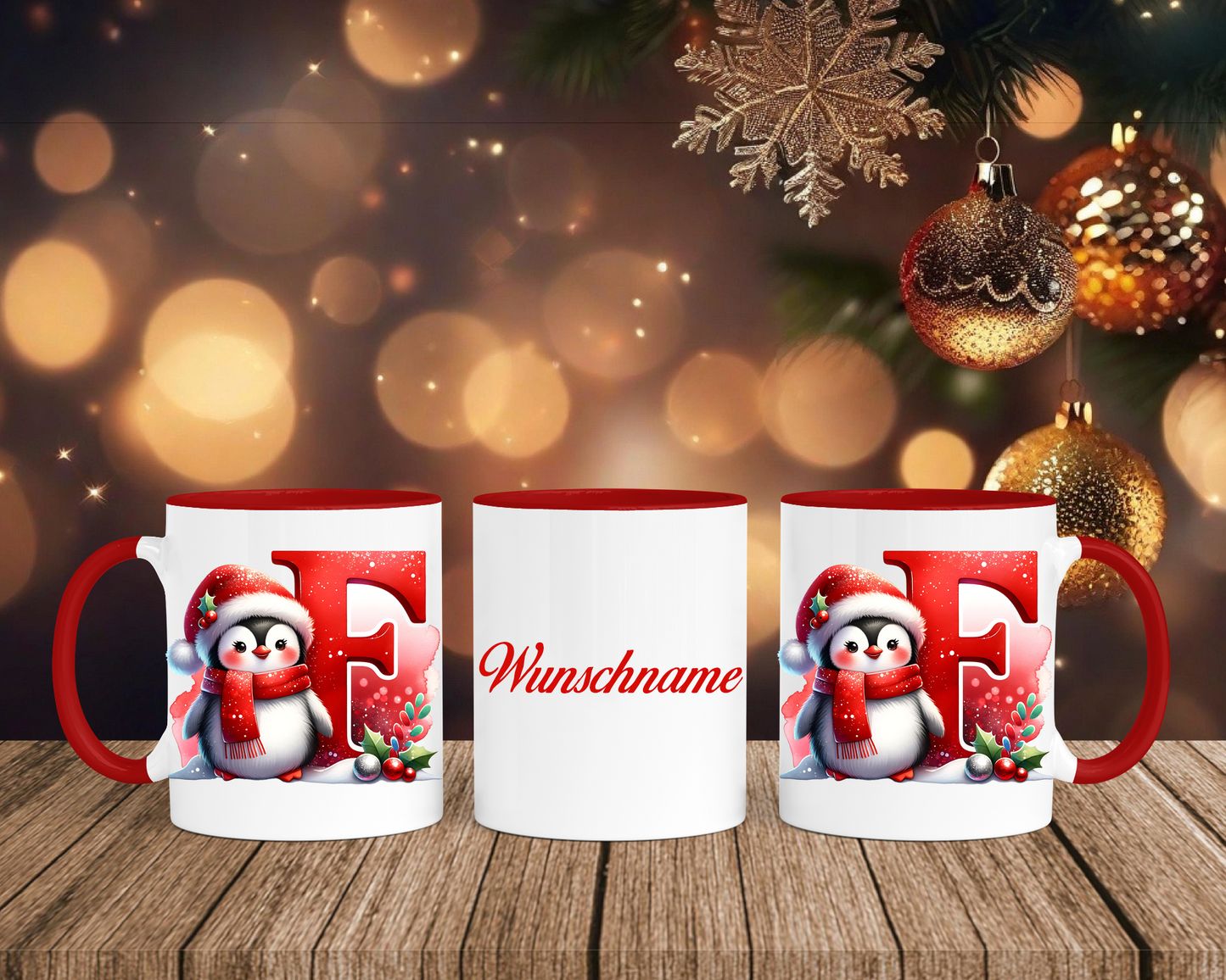 Personalisierte Keramik-Tasse in Rot-mit Pinguin Rot-Alphabet & Namen