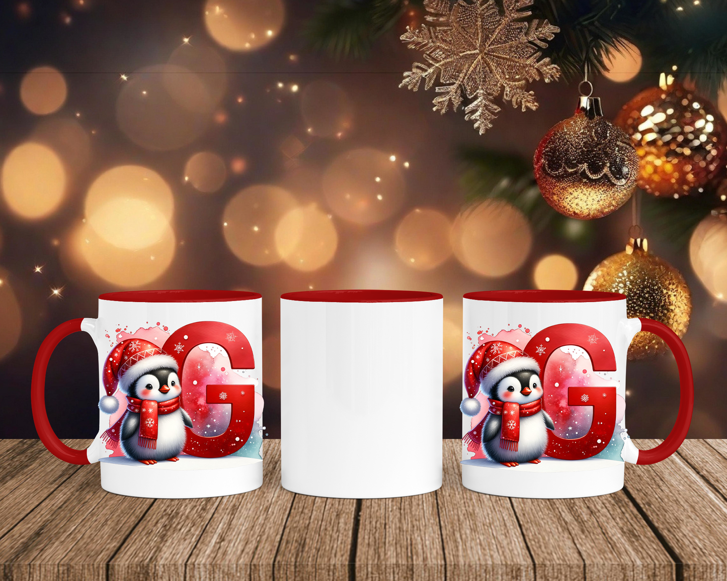 Personalisierte Keramik-Tasse in Rot-mit Pinguin Rot-Alphabet & Namen
