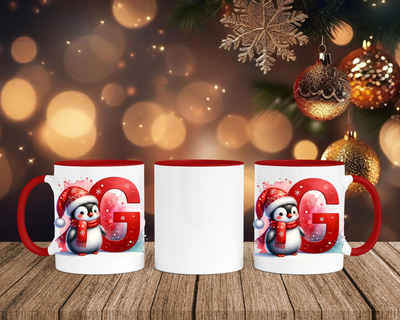 Personalisierte Keramik-Tasse in Rot-mit Pinguin Rot-Alphabet & Namen