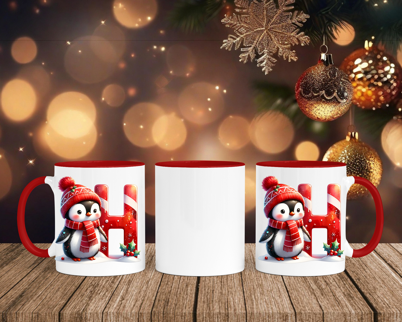 Personalisierte Keramik-Tasse in Rot-mit Pinguin Rot-Alphabet & Namen
