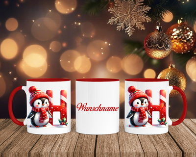 Personalisierte Keramik-Tasse in Rot-mit Pinguin Rot-Alphabet & Namen