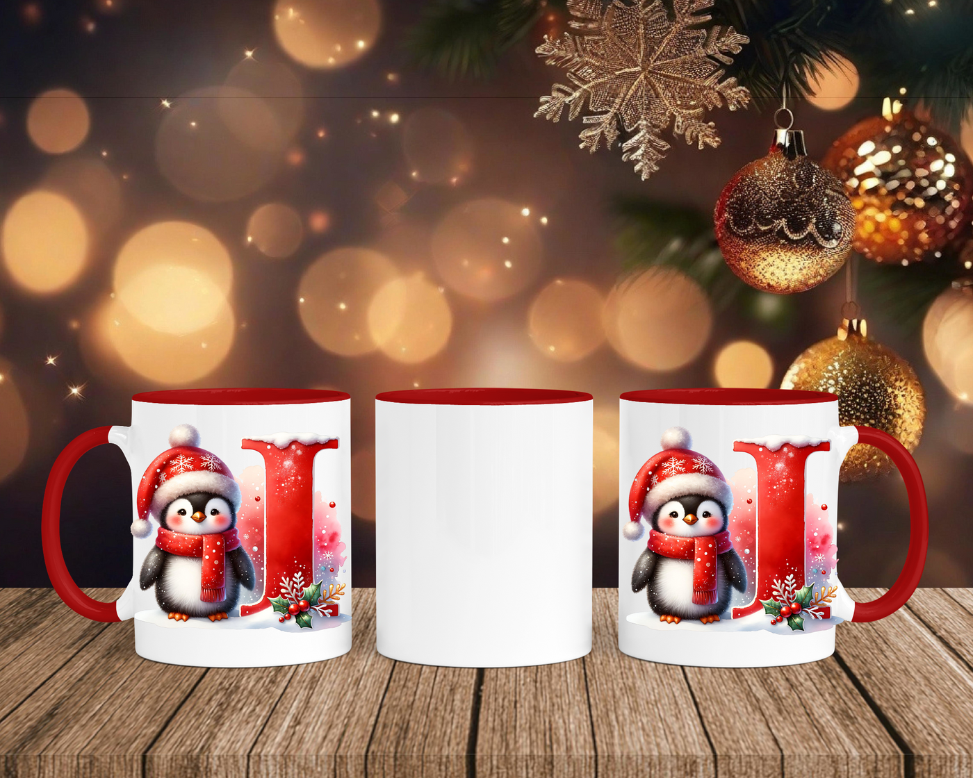 Personalisierte Keramik-Tasse in Rot-mit Pinguin Rot-Alphabet & Namen