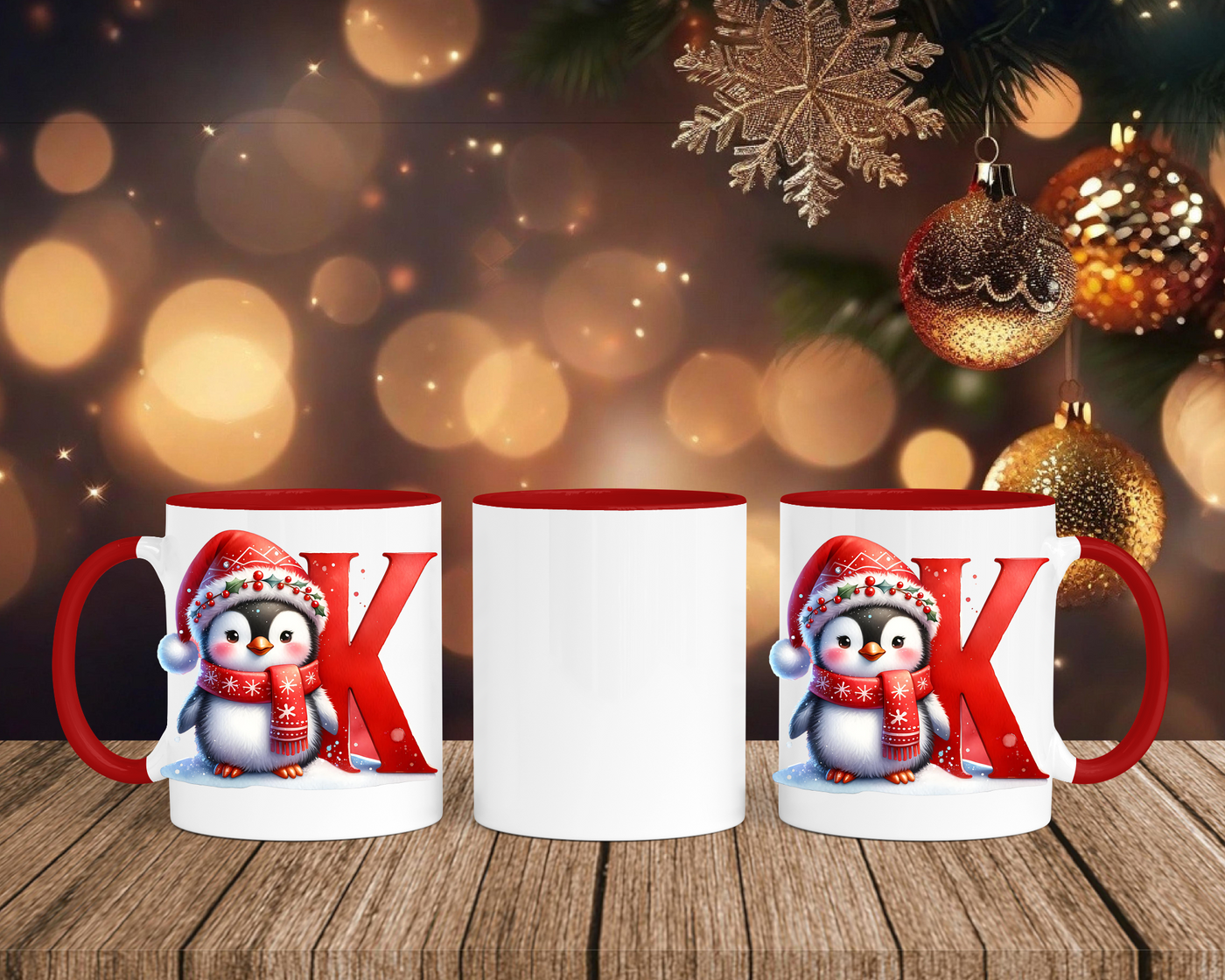Personalisierte Keramik-Tasse in Rot-mit Pinguin Rot-Alphabet & Namen
