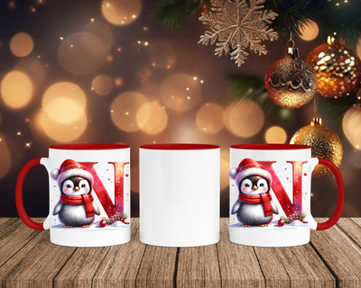 Personalisierte Keramik-Tasse in Rot-mit Pinguin Rot-Alphabet & Namen
