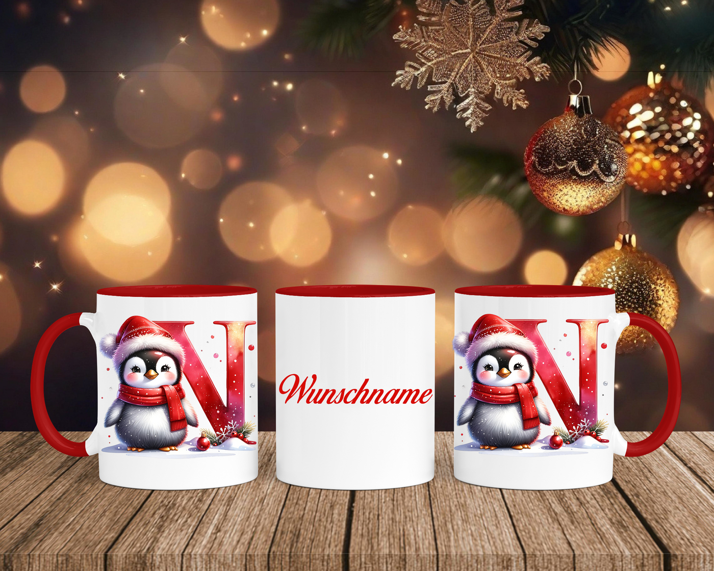 Personalisierte Keramik-Tasse in Rot-mit Pinguin Rot-Alphabet & Namen