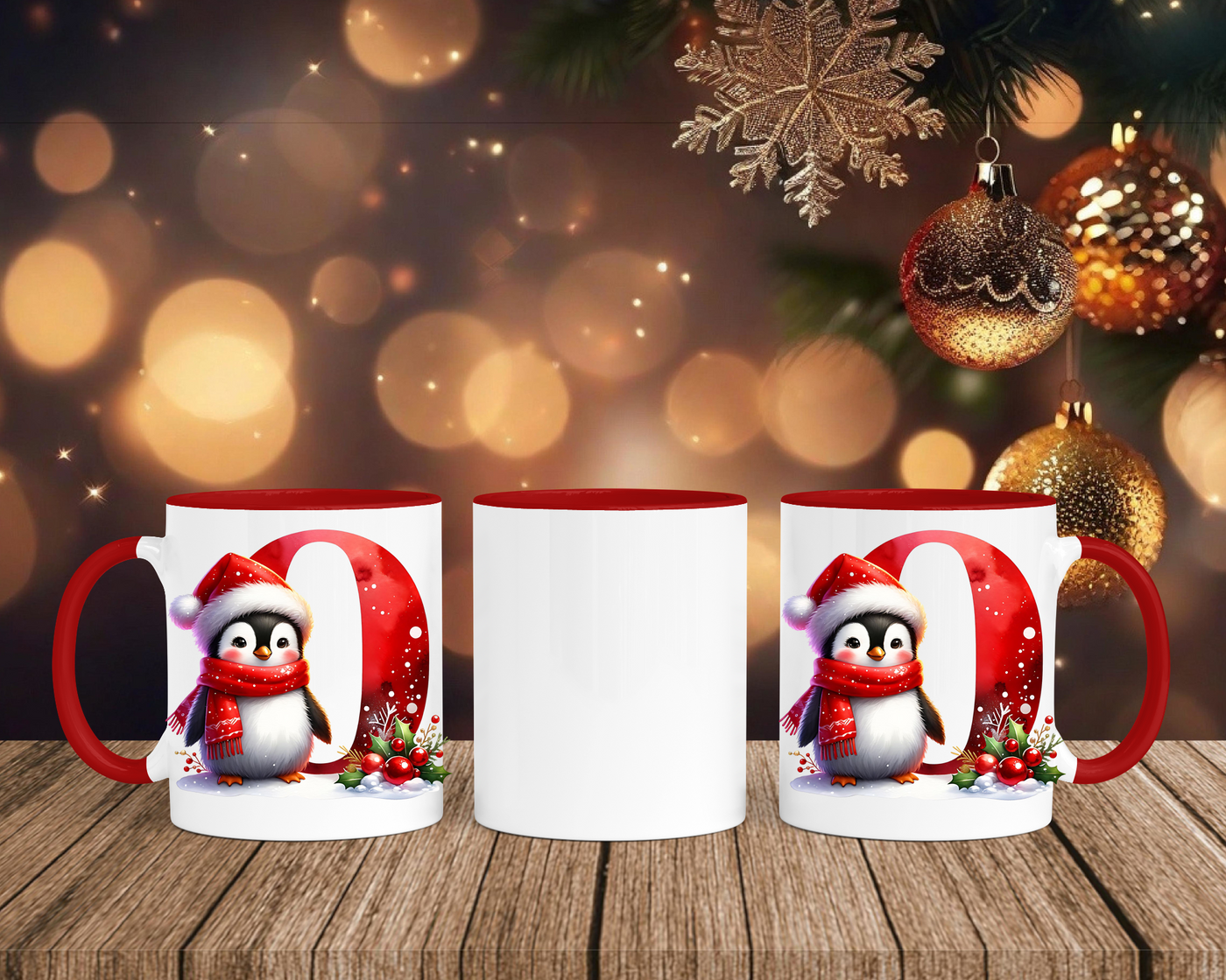 Personalisierte Keramik-Tasse in Rot-mit Pinguin Rot-Alphabet & Namen