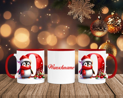 Personalisierte Keramik-Tasse in Rot-mit Pinguin Rot-Alphabet & Namen