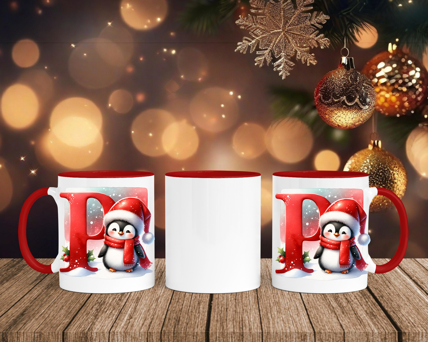 Personalisierte Keramik-Tasse in Rot-mit Pinguin Rot-Alphabet & Namen