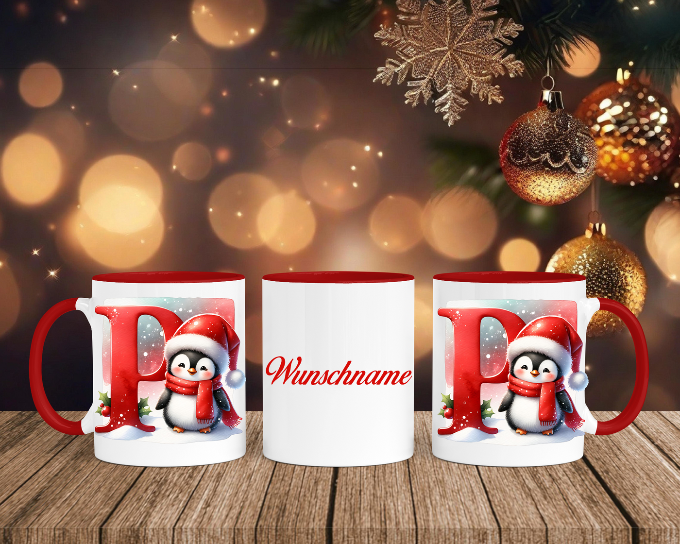 Personalisierte Keramik-Tasse in Rot-mit Pinguin Rot-Alphabet & Namen