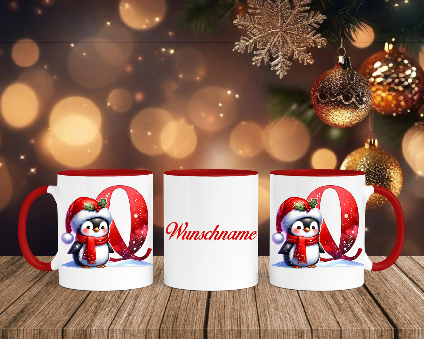 Personalisierte Keramik-Tasse in Rot-mit Pinguin Rot-Alphabet & Namen