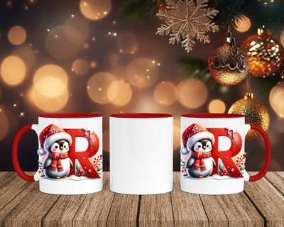 Personalisierte Keramik-Tasse in Rot-mit Pinguin Rot-Alphabet & Namen