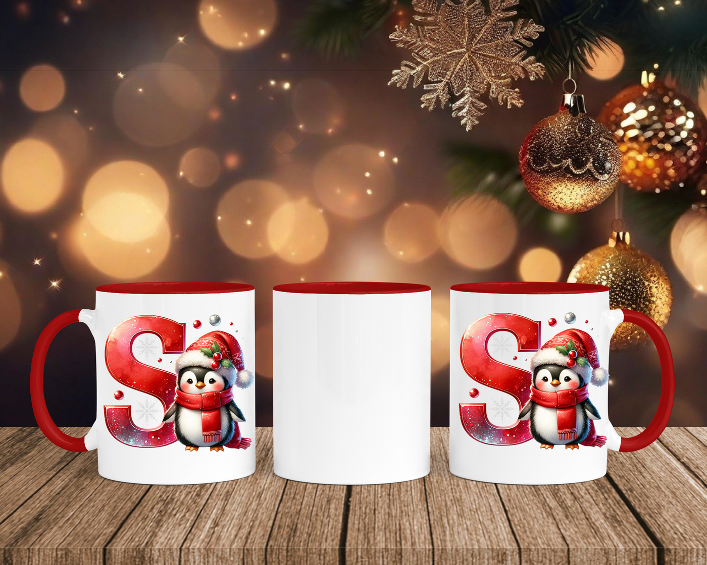 Personalisierte Keramik-Tasse in Rot-mit Pinguin Rot-Alphabet & Namen