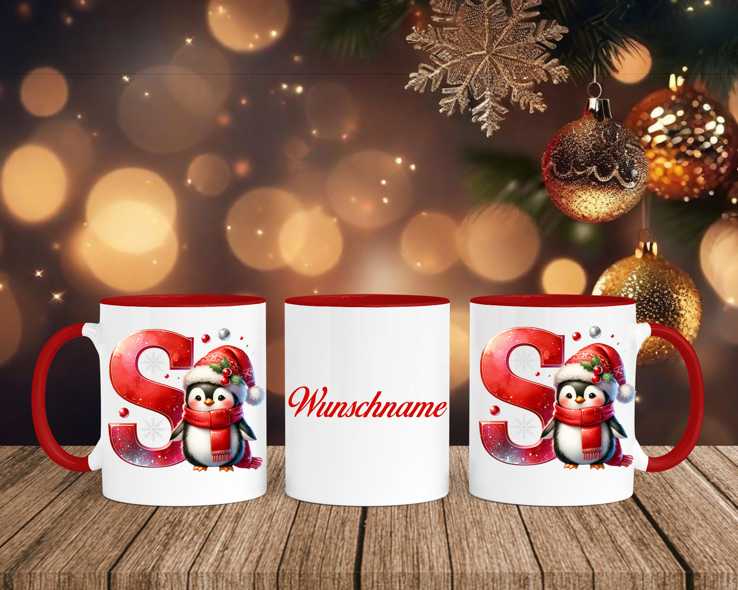 Personalisierte Keramik-Tasse in Rot-mit Pinguin Rot-Alphabet & Namen