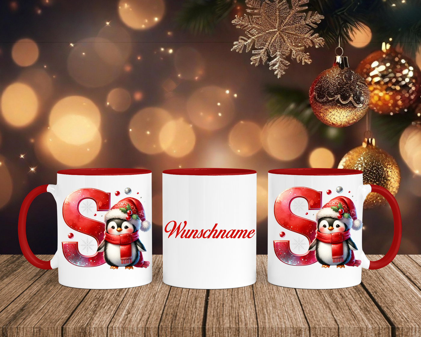 Personalisierte Keramik-Tasse in Rot-mit Pinguin Rot-Alphabet & Namen
