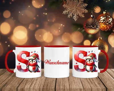 Personalisierte Keramik-Tasse in Rot-mit Pinguin Rot-Alphabet & Namen