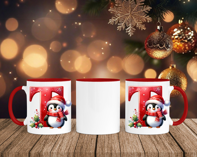 Personalisierte Keramik-Tasse in Rot-mit Pinguin Rot-Alphabet & Namen