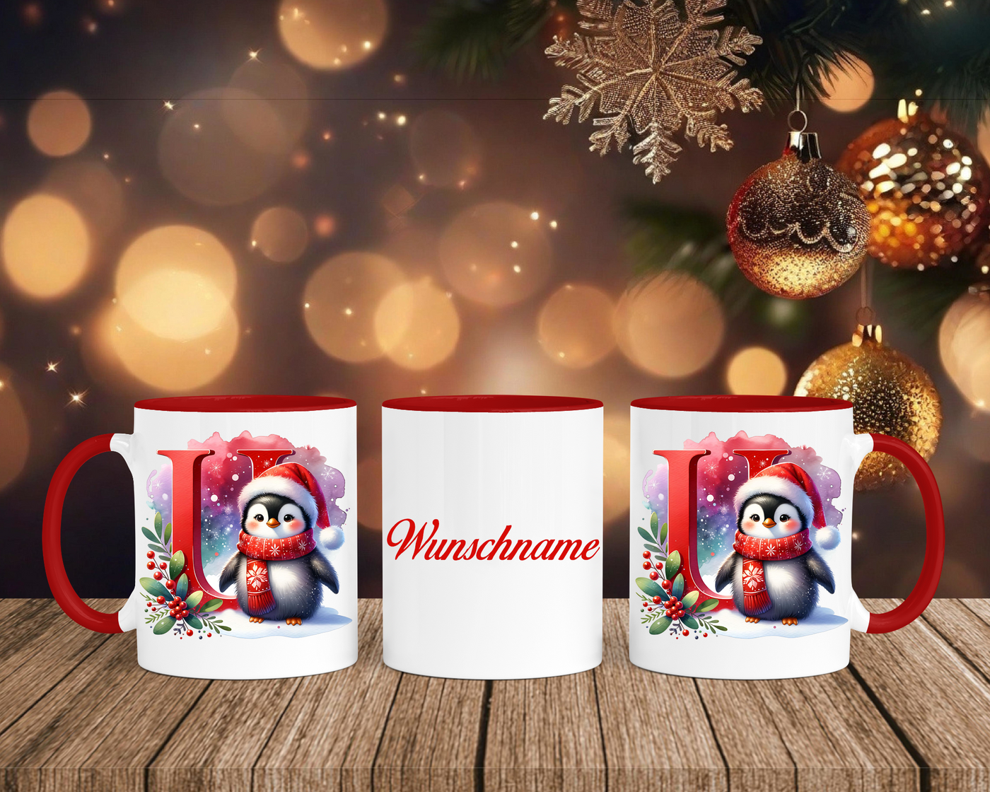 Personalisierte Keramik-Tasse in Rot-mit Pinguin Rot-Alphabet & Namen