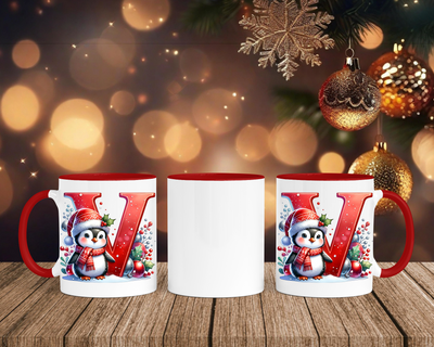 Personalisierte Keramik-Tasse in Rot-mit Pinguin Rot-Alphabet & Namen