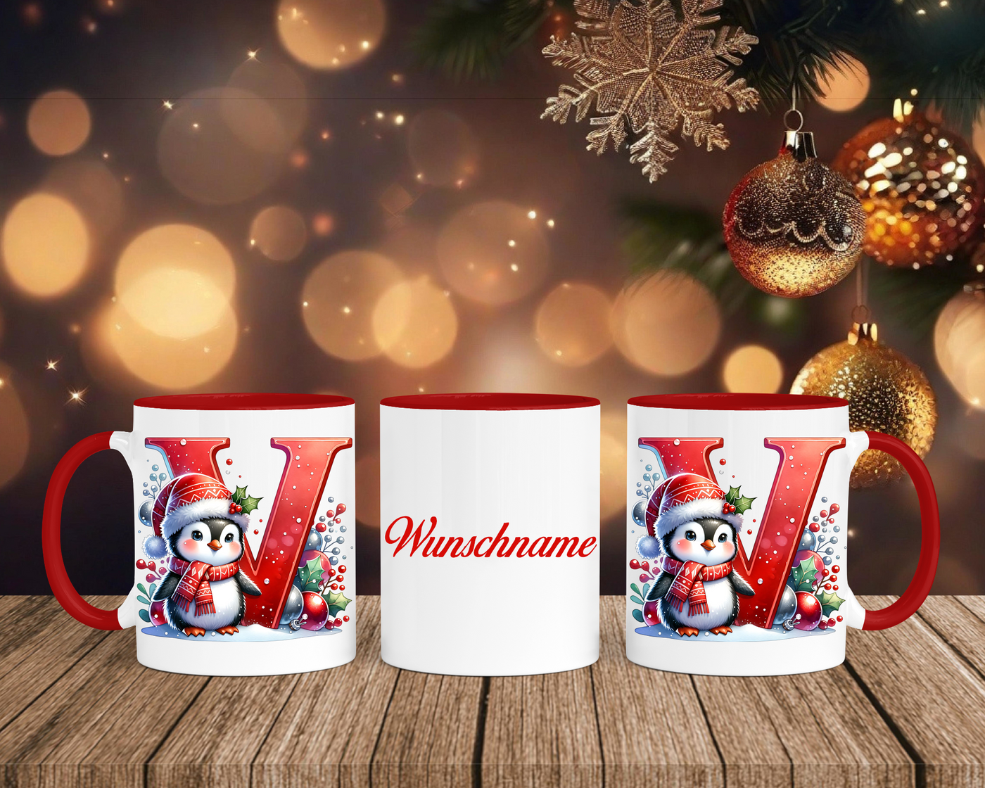 Personalisierte Keramik-Tasse in Rot-mit Pinguin Rot-Alphabet & Namen