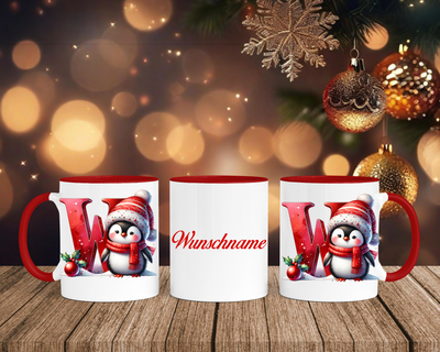 Personalisierte Keramik-Tasse in Rot-mit Pinguin Rot-Alphabet & Namen