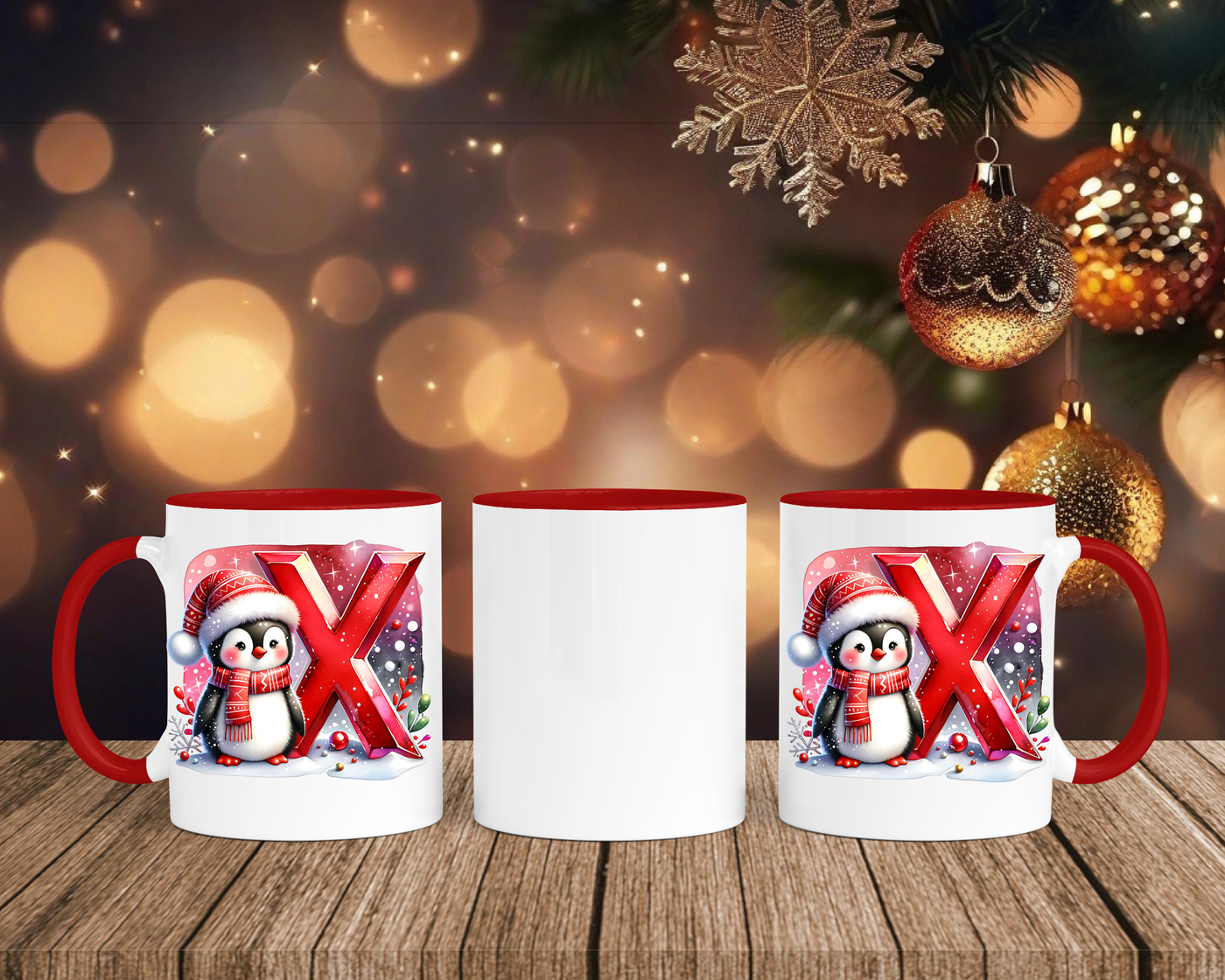 Personalisierte Keramik-Tasse in Rot-mit Pinguin Rot-Alphabet & Namen