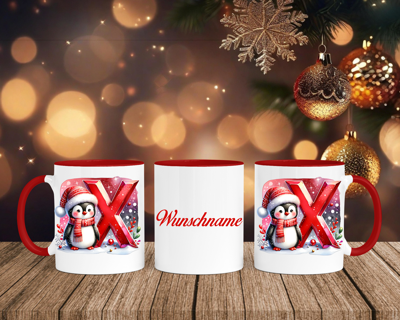 Personalisierte Keramik-Tasse in Rot-mit Pinguin Rot-Alphabet & Namen