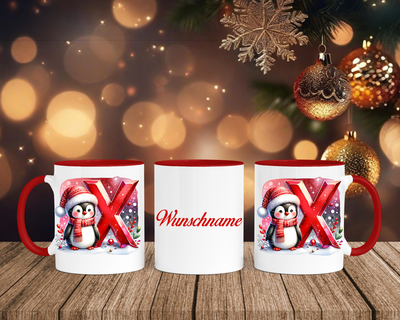 Personalisierte Keramik-Tasse in Rot-mit Pinguin Rot-Alphabet & Namen