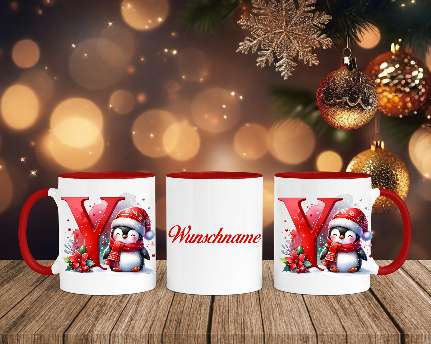 Personalisierte Keramik-Tasse in Rot-mit Pinguin Rot-Alphabet & Namen
