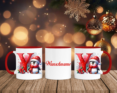 Personalisierte Keramik-Tasse in Rot-mit Pinguin Rot-Alphabet & Namen