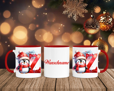 Personalisierte Keramik-Tasse in Rot-mit Pinguin Rot-Alphabet & Namen