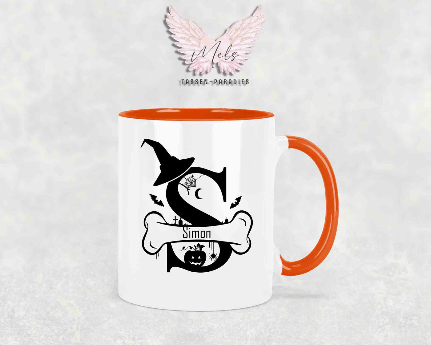 Halloween-Alphabet mit Name - Personalisierte Keramik-Tasse Orange