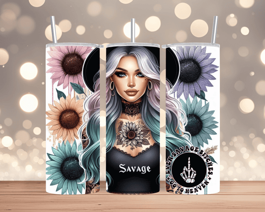Thermobecher / Tumbler Tätowierte Frau mit Hut, Sonnenblume & Bitch-Spruch (Edelstahl, 570 ml)