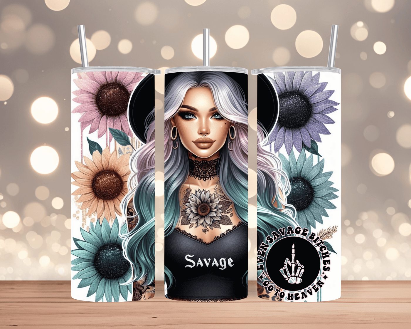 Thermobecher / Tumbler Tätowierte Frau mit Hut, Sonnenblume & Bitch-Spruch (Edelstahl, 570 ml)