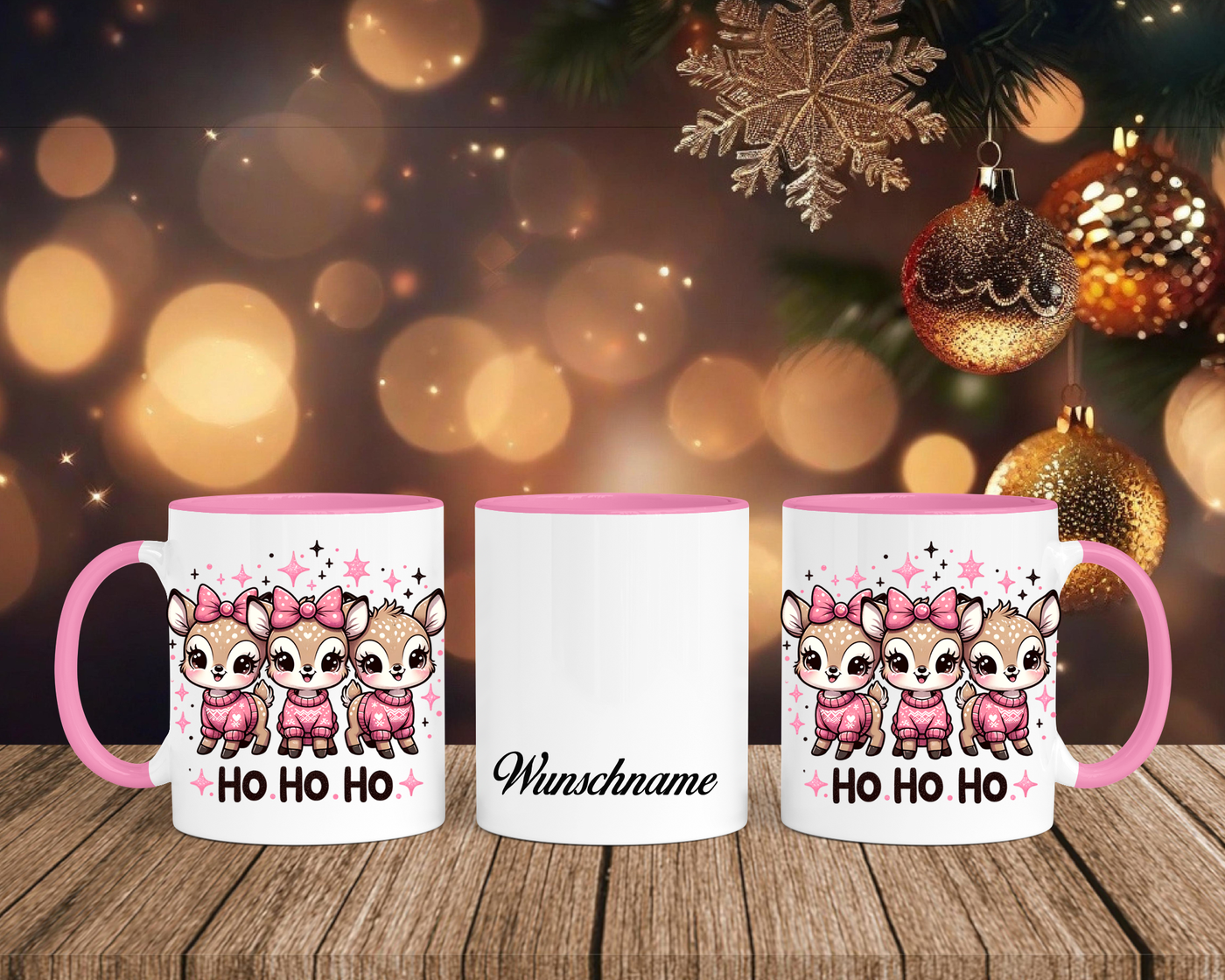 Christmas Renntiere mit Sterne - Tasse mit Bild – mit oder ohne Wunschname