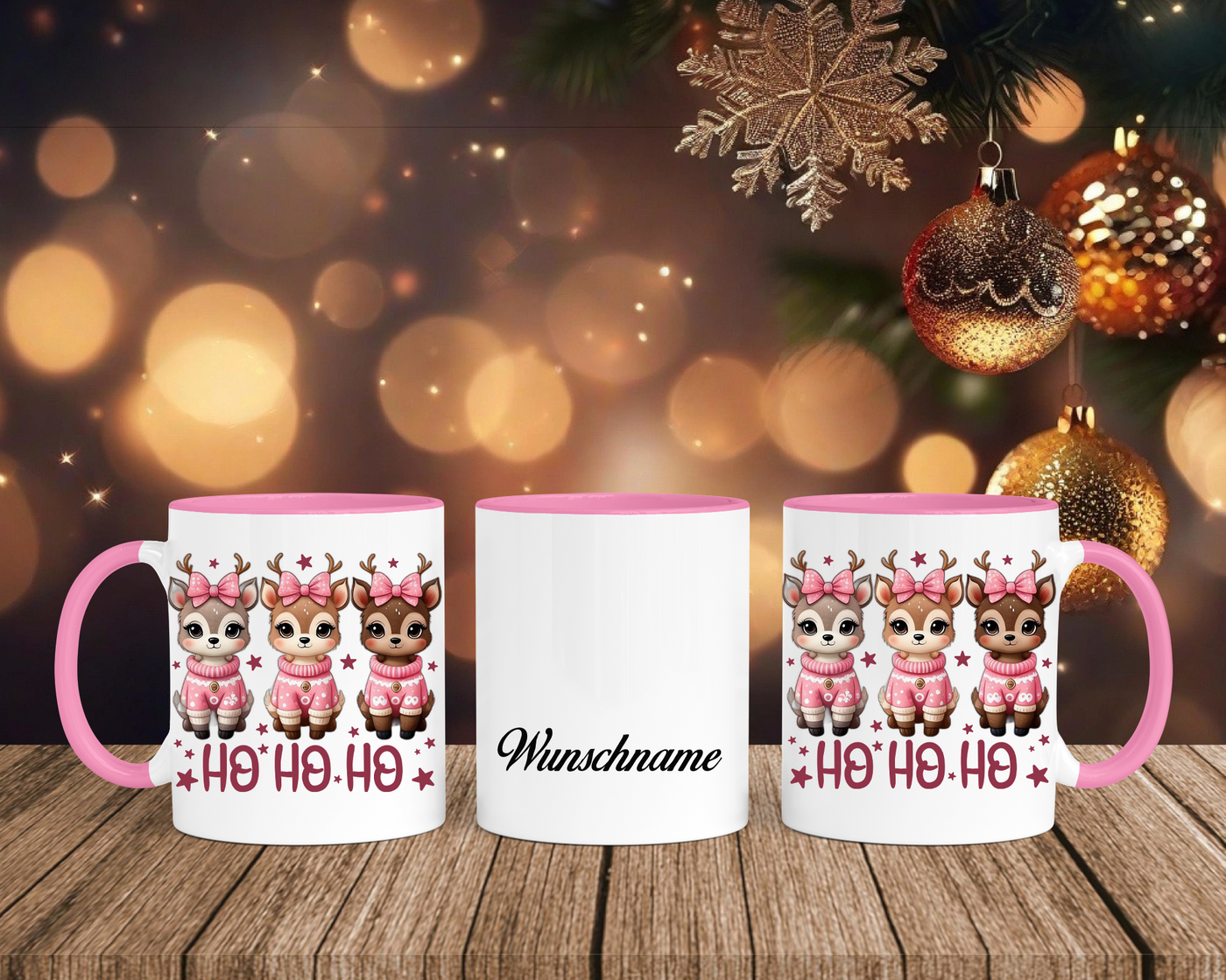 Christmas Renntiere mit Schleife - Tasse mit Bild – mit oder ohne Wunschname