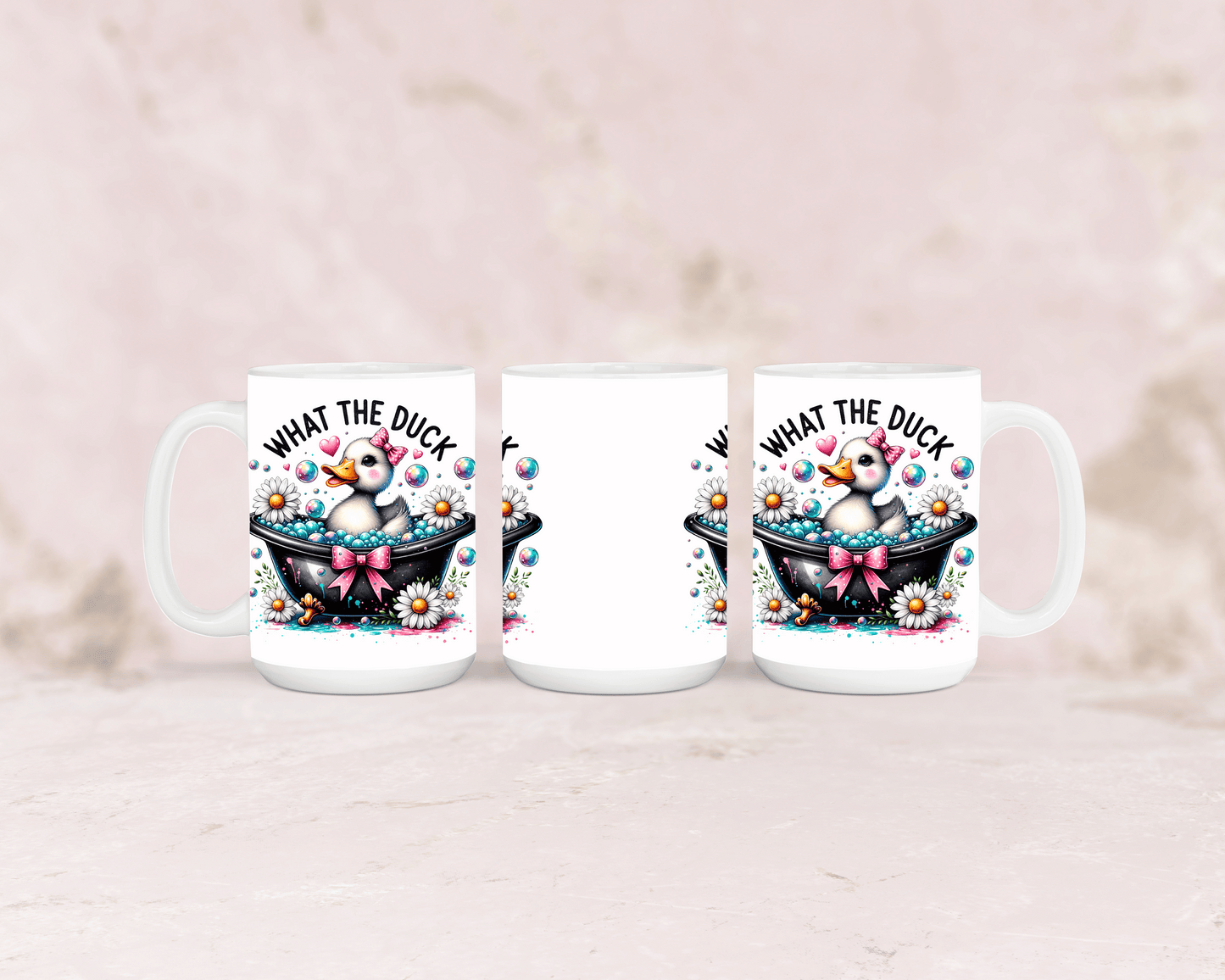 Tasse mit süßer Ente und dem Spruch „What the Duck 3“ – personalisierbar