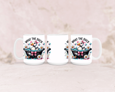 Tasse mit süßer Ente und dem Spruch „What the Duck 3“ – personalisierbar