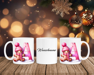 Personalisierte Keramik-Tasse in Weiß-mit Lebkuchen Pink-Alphabet & Namen
