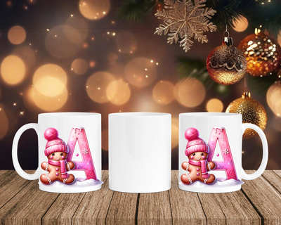 Personalisierte Keramik-Tasse in Weiß-mit Lebkuchen Pink-Alphabet & Namen