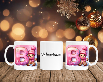 Personalisierte Keramik-Tasse in Weiß-mit Lebkuchen Pink-Alphabet & Namen