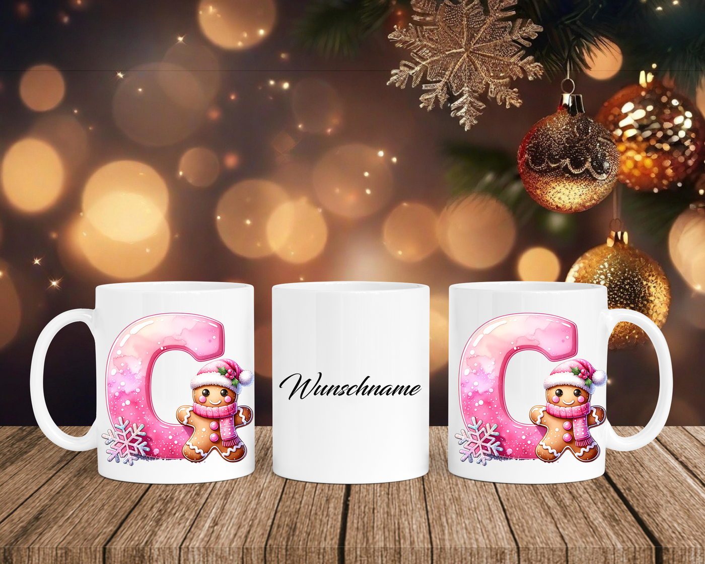 Personalisierte Keramik-Tasse in Weiß-mit Lebkuchen Pink-Alphabet & Namen
